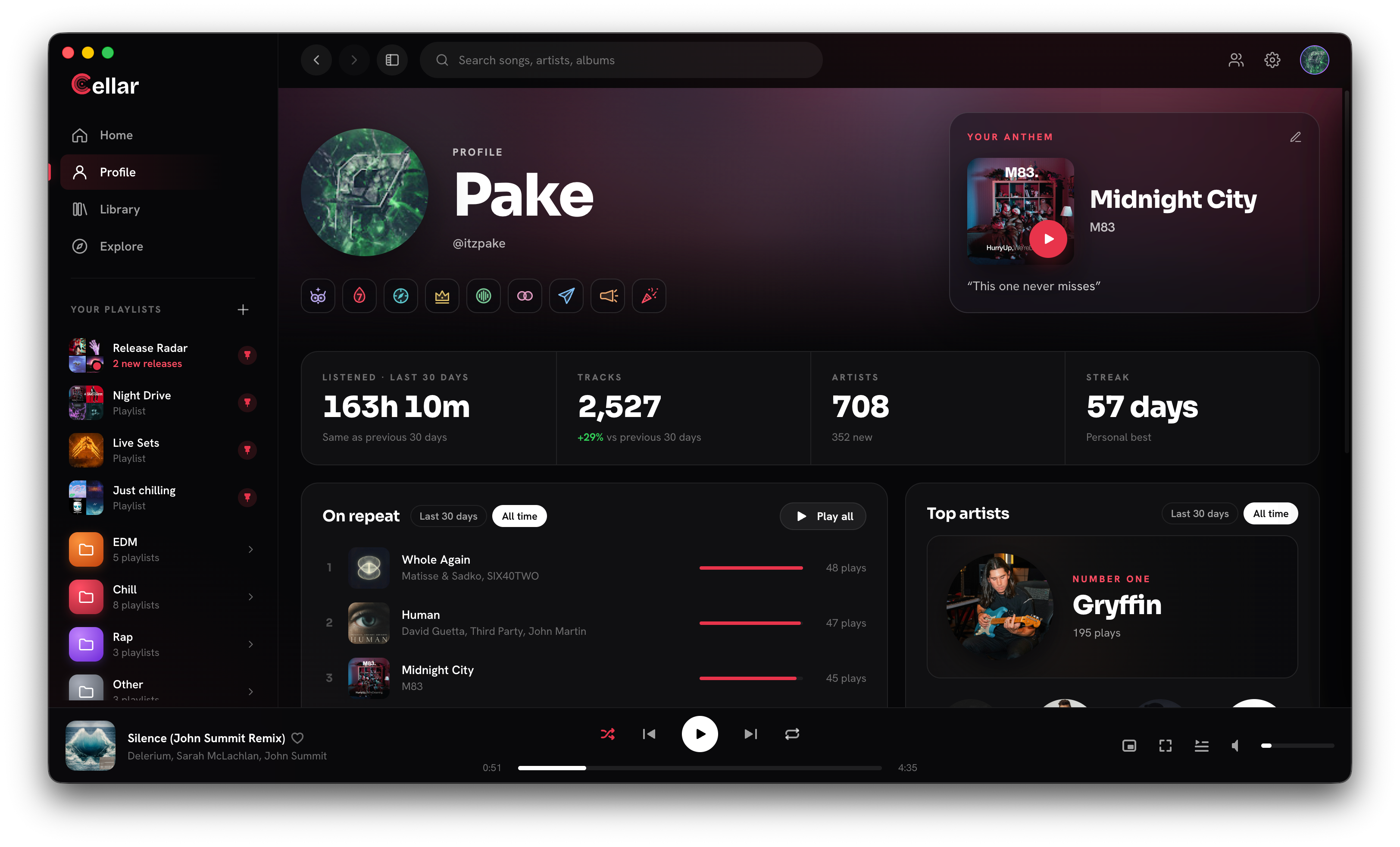 Cellar profile with listening time, tracks, artists, streak, On repeat songs and top artists